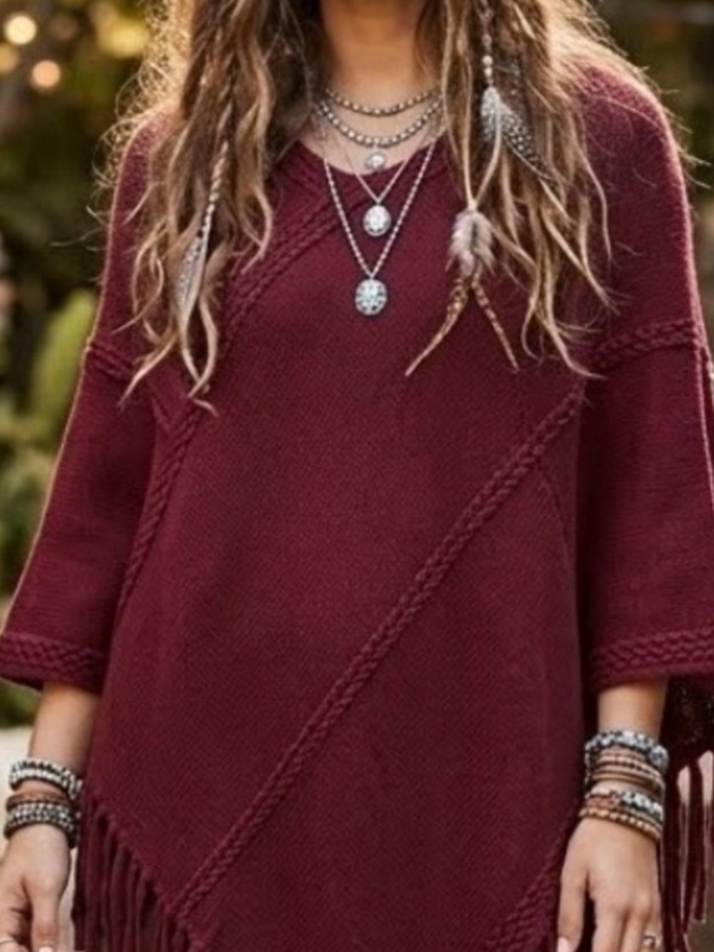 Boho Fringe Poncho Sweater in Burgundy